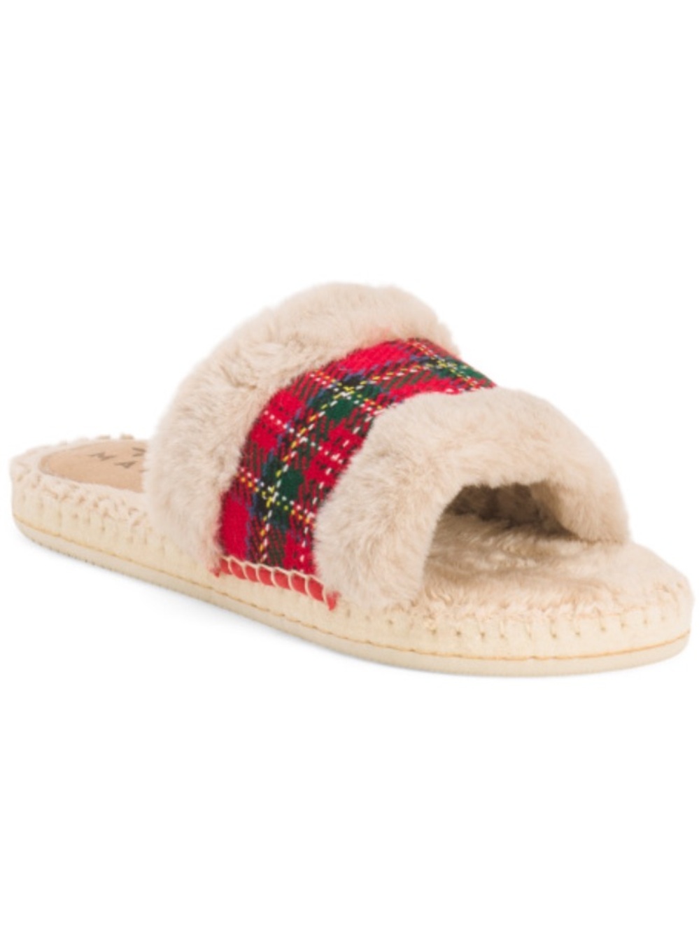 Manebi Plush Faux-Fur Slide Sandals with Red Plaid Accent